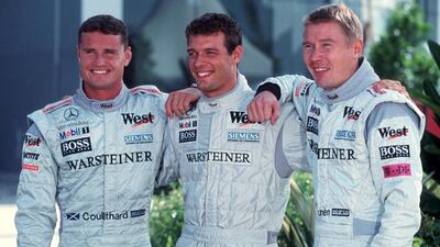 David Coulthard, Alexander Wurz and Mika Hakkinen in Sepang in 2000. Getty