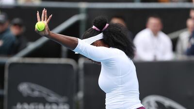Serena Williams shows the new balls during her first round match against Camila Giorgi on Day Two of the 2020 Auckland Classic. Getty Images