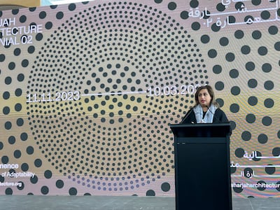 Sheikha Hoor Al Qasimi, president of the Sharjah Architecture Triennial, during the press preview event on Friday. Photo: Razmig Bedirian / The National