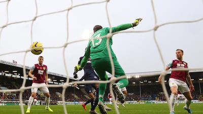 Ashley Barnes scores Burnley's first goal at Turf Moor. Getty Images
