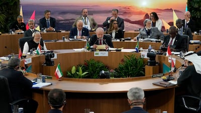World leaders at the 17th annual Brics summit in Rio de Janeiro, Sunday. AP