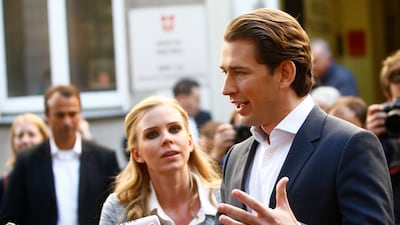 Top candidate of Peoples Party and Foreign Minister Sebastian Kurz talks with journalists after leaving a polling station in Vienna, Austria on October 15, 2017. Leonhard Foeger / Reuters