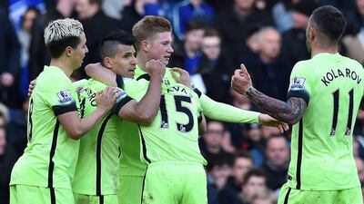 Sergio Aguero scored a hat-trick at Stamford Bridge to lead Manchester City to a comfortable 3-0 win against Chelsea. Ben Stanstall / AFP