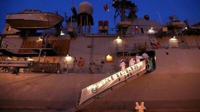 Guests board the Turkish navy ship TCG Barbaros at Port Zayed last night. Rich-Joseph Facun / The National