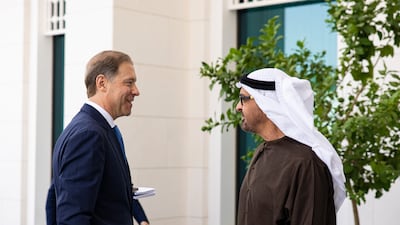 President Sheikh Mohamed with Denis Manturov. Ryan Carter / UAE Presidential Court
