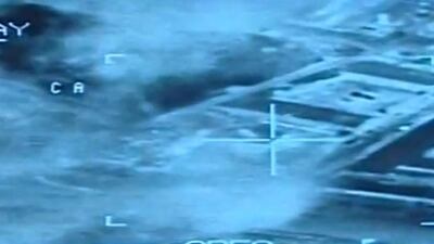 This video image from aerial footage released by the Egyptian Defense Ministry, shows an airstrike on ISIL positions in Libya on February 16. AP Photo/Egyptian Defense Ministry