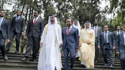 Sheikh Mohamed bin Zayed and Abiy Ahmed tour Jubilee Palace. Seen with Sheikh Mansour bin Zayed. Mohamed Al Hammadi / Crown Prince Court - Abu Dhabi