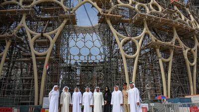 Sheikh Ahmed Al Maktoum, chairman of the Expo Dubai 2020 higher committee, and other dignitaries with the Al Wasl Plaza completed dome in the background. Photo: Expo 2020 Dubai