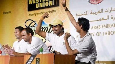 Chandrama Shah and Moin Khan, celebrate winning the Western Union Camp Ka Champ contest.