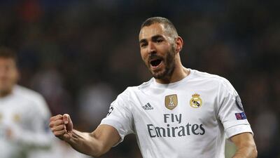 Real Madrid’s Karim Benzema celebrates opening the scoring against Malmo in the Champions League on Tuesday night. Daniel Ochoa de Olza / AP