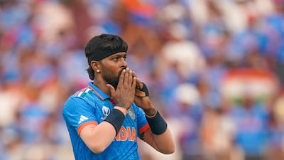 India's Hardik Pandya celebrates after taking wicket during the World Cup match against Pakistan at Narendra Modi Stadium in Ahmedabad. EPA