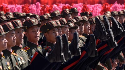 Korean People's Army (KPA) soldiers march during a mass rally on Kim Il Sung square in Pyongyang. AFP