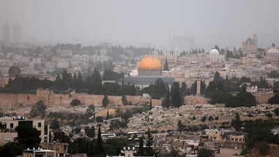 Al Aqsa Mosque compound in the Old City of Jerusalem. Smoke has drifted across the city as wildfires burn. AFP