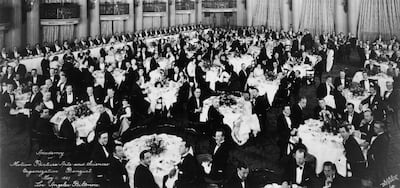 The first organisational meeting of the Academy of Motion Picture Arts and Sciences in the Crystal Ballroom of the Los Angeles Biltmore Hotel on May 11, 1927. Getty Images
