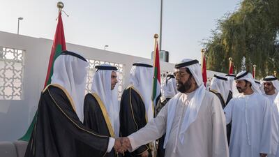 Sheikh Khalifa bin Tahnoon bin Mohammed, Director of the Martyrs' Families' Affairs Office of the Abu Dhabi Crown Prince Court and Sheikh Tahnoon bin Mohamed, Ruler's Representative in Al Ain Region, second right attend a mass wedding held at Majlis Al Zaab. Mohamed Al Raeesi for Crown Prince Court - Abu Dhabi