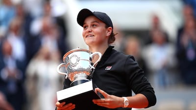 Ashleigh Barty with the Suzanne Lenglen cup after her French Open final win over Marketa Vondrousova. Getty Images