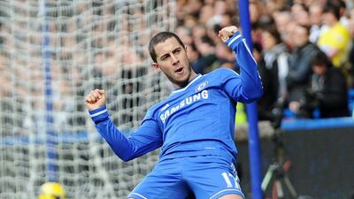 Chelsea's Eden Hazard celebrates after scoring a goal during their English Premier League match against Newcastle United at Stamford Bridge in London on Saturday. FACUNDO ARRIZABALAGA / EPA