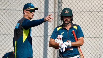 Australian batting coach Graeme Hick speaks with Joe Burns. Getty