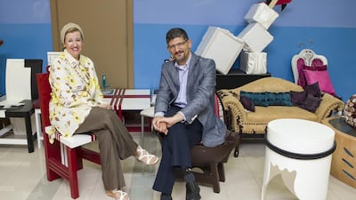 Dr Sadeka Abdel Shakour, Assistant Professor Of Furniture & Interior Design , left, and Dr Magdy Mohamed Ibrahim, Assistant Professor Of Architecture both of the College of Engineering & Computer Science with some Emirati inspired furniture designed by students at the Abu Dhabi University. Antonie Robertson/The National