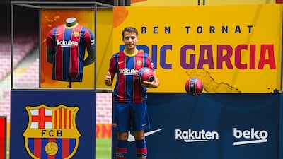 Eric Garcia during his unveiling as Barcelona player at Camp Nou on Tuesday, June 1, 2021. Getty