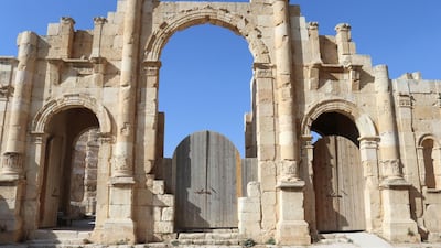 Hadrian’s Arch, an 11-meter-high gateway built to honor the visit of Emperor Hadrian to the Roman city of Jerash in 129 CE and in recent years the entry-way to one of Jordan’s most visited tourist sites, stands empty on October 21, 2020