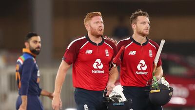 Jonny Bairstow, left, and Jos Buttler after England had thrashed India by eight wickets in Ahmedabad on Tuesday, March 16. PA