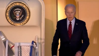 US President Joe Biden steps out of Air Force One as he arrives at Stansted Airport in England on July 9. AP