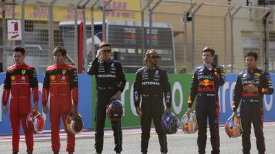 Left to right: Charles Leclerc, Carlos Sainz Jr, George Russell, Lewis Hamilton, Max Verstappen and Sergio Perez. AFP
