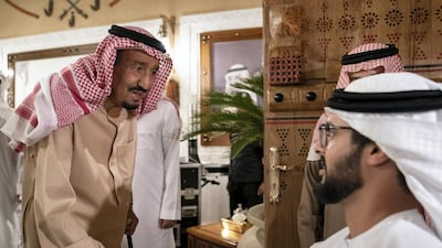 King Salman of Saudi Arabia, left, at Al Auja Palace in Riyadh. All photos by Mohamed Al Hammadi / Ministry of Presidential Affairs