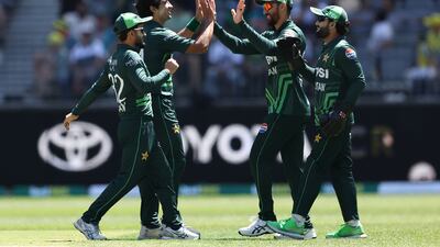 Pakistan pacer Naseem Shah, second left, celebrates the wicket of Adam Zampa during the third ODI against Australia in Perth on Sunday, November 10, 2024. Getty Images