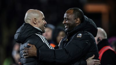 United manager Erik ten Hag and Palace's Patrick Vieira greet each other before the start. AFP