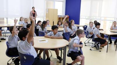 Students of grade 6 on the first day of school at the Dubai British School in Jumeirah Park in Dubai. Pawan Singh / The National