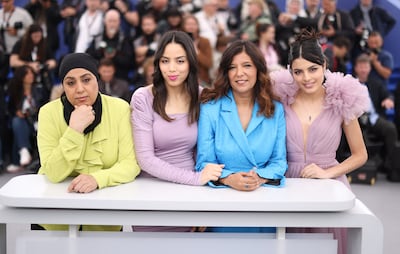 From left, Olfa Hamrouni, Eya Chikhaoui, Ben Hania and Tayssir Chikhaoui at Cannes. Getty Images