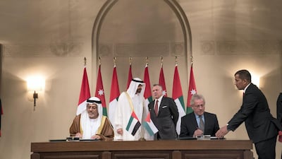Sheikh Mohamed bin Zayed and King Abdullah witness an agreement signing at Al Husseiniya Palace. Seen signing are Hussain Al Nowais, Chairman of the Khalifa Fund to Support and Develop Small & Medium Enterprises (L) and Dr Fawaz Al Zu’bi, Chairman of the Board of Trustees of the Crown Prince of Jordan (2nd R). Mohammed Al Hammadi / Ministry of Presidential Affairs