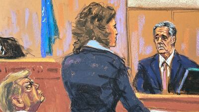 Michael Cohen is questioned by prosecutor Susan Hoffinger as Donald Trump sits with his eyes closed in Manhattan state court. Reuters