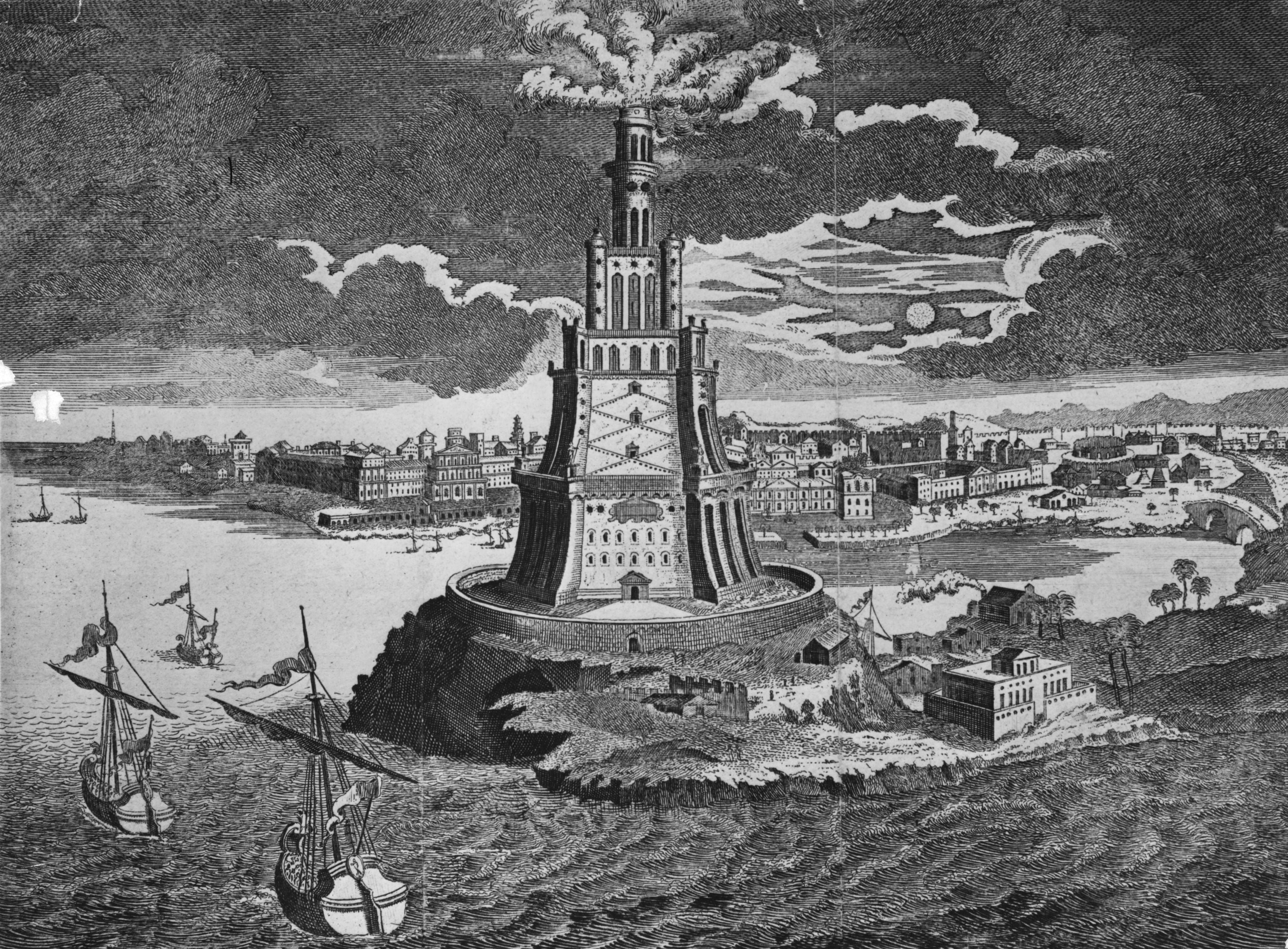 An engraving depicts the Lighthouse of Alexandria, one of the Seven Wonders of the Ancient World. Getty Images