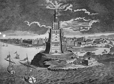 An engraving depicts the Lighthouse of Alexandria, one of the Seven Wonders of the Ancient World. Getty Images
