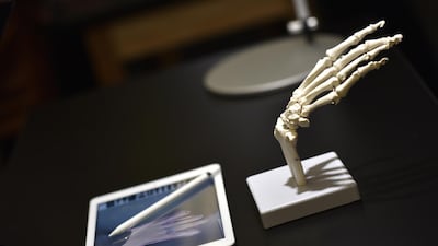 A new Apple iPad and Apple Pencil accessory displayed next to a model skeleton hand in a technology lab during an event at Lane Technical College Prep High School in Chicago, Illinois. Christopher Dilts / Bloomberg