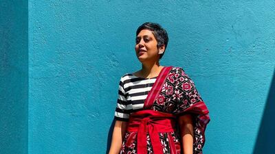 This image from The Sari Series project for 'Border&Fall' shows Pooja Jagadeesh wearing a casual T-shirt under her stylishly draped sari. Photo: Border&Fall