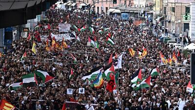 Protesters march in Genoa, Italy, during a nationwide strike in support of Palestinians in Gaza. EPA