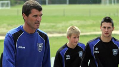 The new Ipswich Town manager Roy Keane, left, takes charge of his first training session today at at Ipswich's Training Ground at Playford Lane, Ipswich.