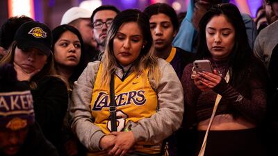Fans of late Los Angeles Lakers guard Kobe Bryant gather at the LA Live entertainment complex across the street from the Staples Center, home of the Los Angeles Lakers, in Los Angeles, California. EPA