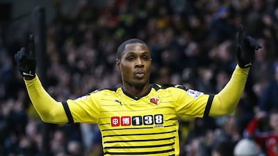 Football Soccer - Watford v Tottenham Hotspur - Barclays Premier League - Vicarage Road - 28/12/15Odion Ighalo celebrates scoring the first goal for WatfordReuters / Eddie KeoghLivepicEDITORIAL USE ONLY. No use with unauthorized audio, video, data, fixture lists, club/league logos or "live" services. Online in-match use limited to 45 images, no video emulation. No use in betting, games or single club/league/player publications. Please contact your account representative for further details.
