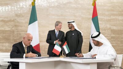 Sheikh Mohammed bin Zayed, Crown Prince of Abu Dhabi and Deputy Supreme Commander of the UAE Armed Forces (back centre, right), Paolo Gentiloni Silveri, Prime Minister of Italy (back centre, left), Dr Sultan Al Jaber, UAE Minister of State, Chairman of Masdar and CEO of Adnoc Group (right), and Claudio Descalzi, CEO of Eni at Al Shati Palace. Ryan Carter for the Crown Prince Court - Abu Dhabi