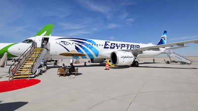 An EgyptAir Airbus A321neo aircraft on the tarmac at the 2023 Dubai Airshow at Dubai World Central. AFP