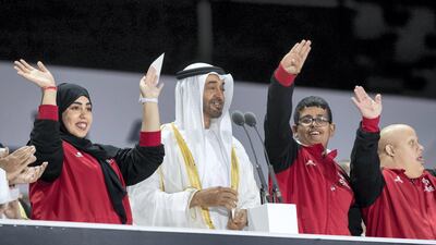 Sheikh Mohamed delivers a speech during the opening ceremony of the games in 2019 at Zayed Sports City.