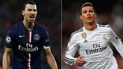 Zlatan Ibrahimovic of Paris Saint-Germain, left, and Cristiano Ronaldo of Real Madrid will clash in the Champions League on Wednesday. (Franck Fife /AFP and Daniel Ochoa de Olza / AP)
