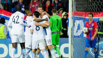 Edin Dzeko, facing camera, broke the deadlock for Manchester City in the second half against Viktoria Plzen. Lennart Preiss / Getty Images