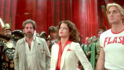 From left, Brian Blessed, Topol, Melody Anderson and Sam Jones in the 1980 film version of Flash Gordon. The cult classic began its life as a comic strip in the 1930s, then became a Saturday morning film serial and various TV series before becoming the beloved movie. Starling Films