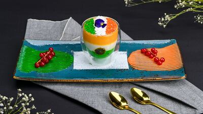 A tri-coloured dessert at The Saffron Botique